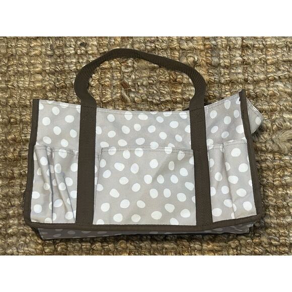 Thirty-One Small Make-up Organizing Utility Tote Bag Brown Polka Dot Pockets - Picture 1 of 8